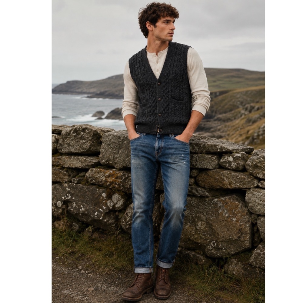 Shannon Woolen Mills Men XL Aran Cable Knit Wool Vest FISHERMAN Charcoal Ireland